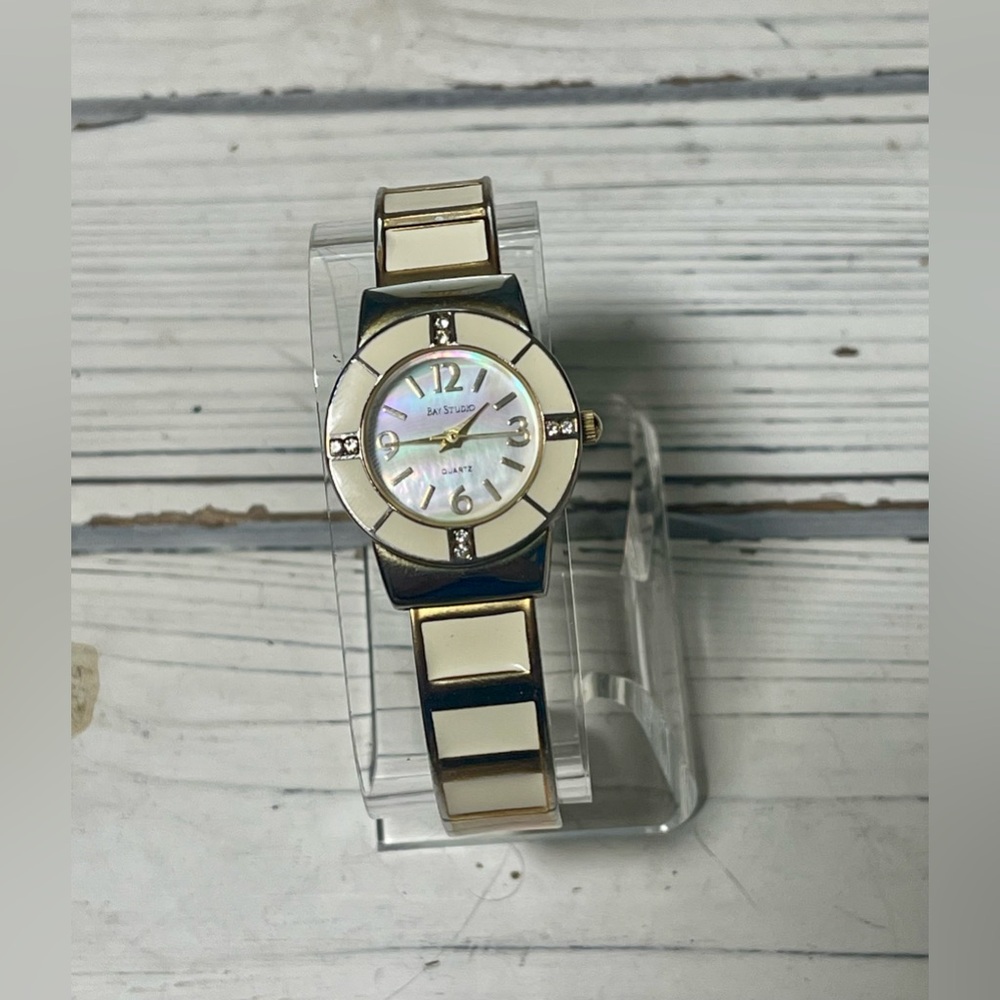 NEW BATTERY Vintage 90s Bangle Watch Bay Studio Cream Gold Ivory Mother Of Pearl